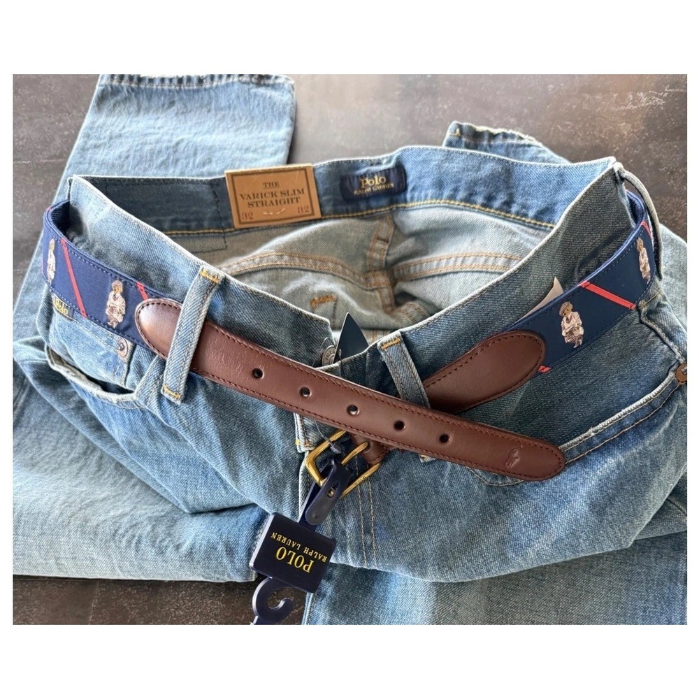 Polo Ralph Lauren Mens Polo Bear Silk Leather Belt Navy Red Stripe Size 42 NEW
